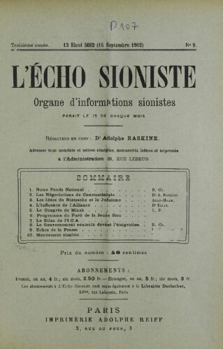 L'Echo Sioniste. Vol. 3 n° 9 (15 septembre 1902)